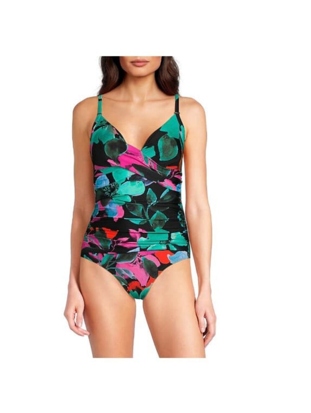 Calvin Klein Black Floral V-Neck One-Pc. with Teal & Pink Accents. Sz.16. EUC!